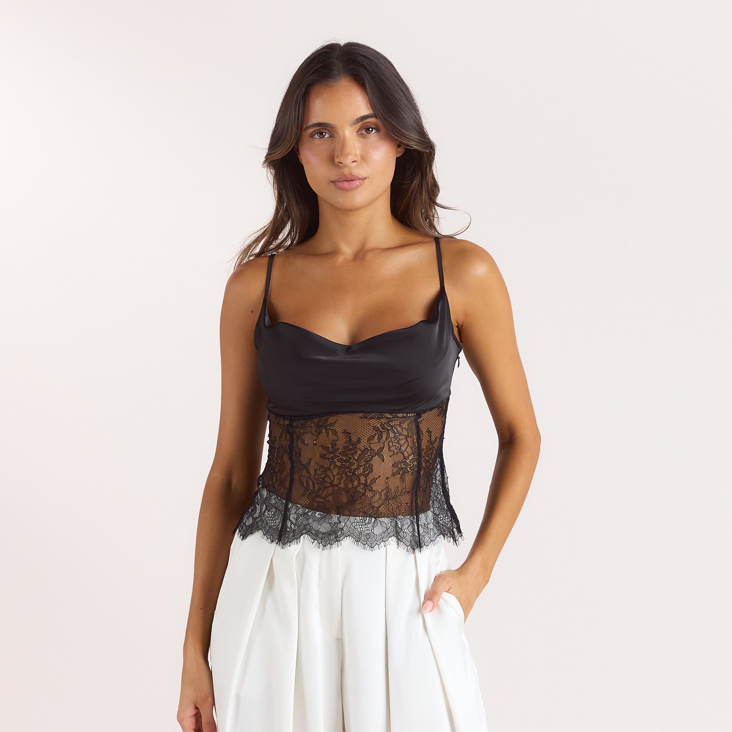 Satin Cowl-Neck Cami Top | Satin Cowl-Neck Cami Top - Black