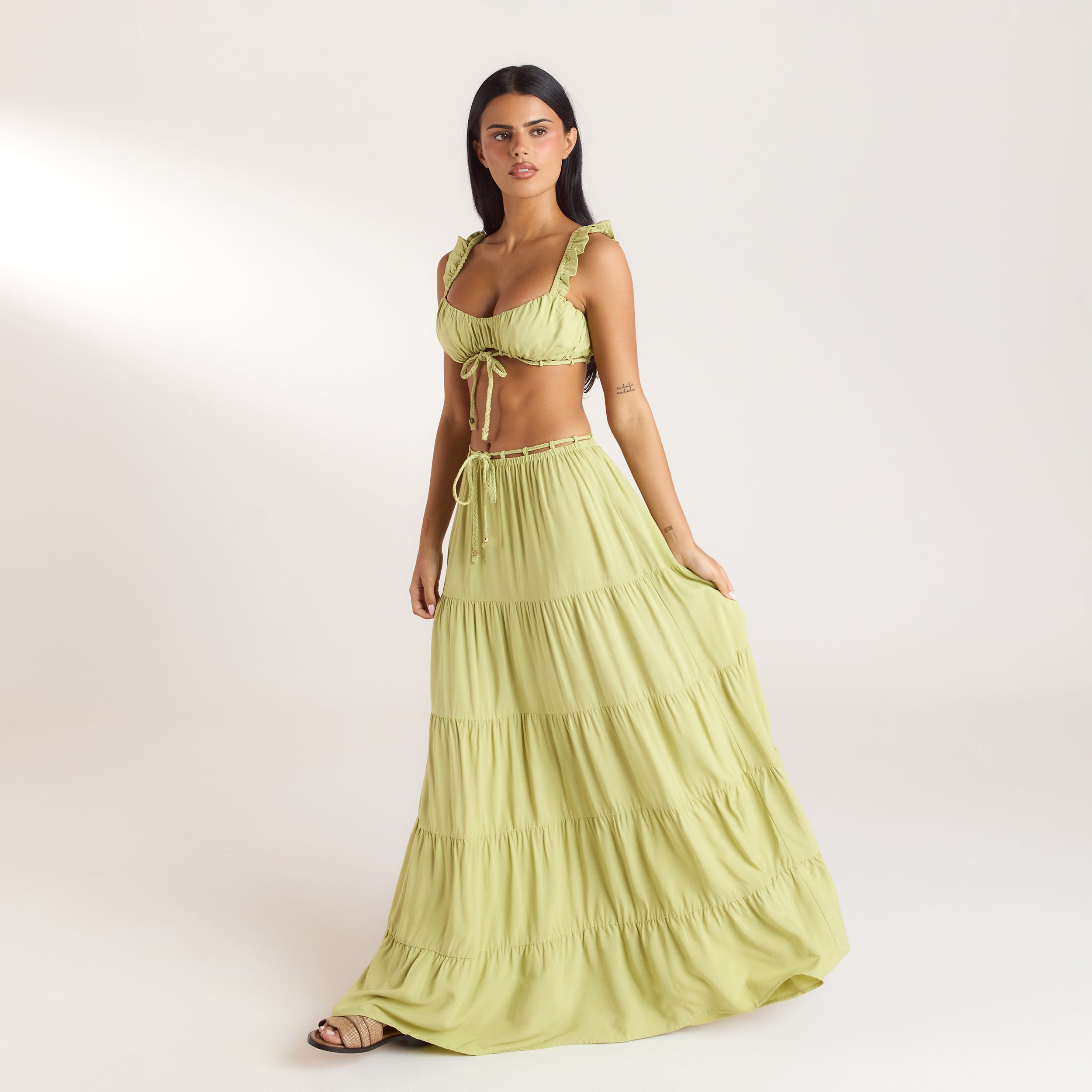 Ruched Bralette & Maxi Skirt Co-Ord | Ruched Bralette (Set) - Washed Lime