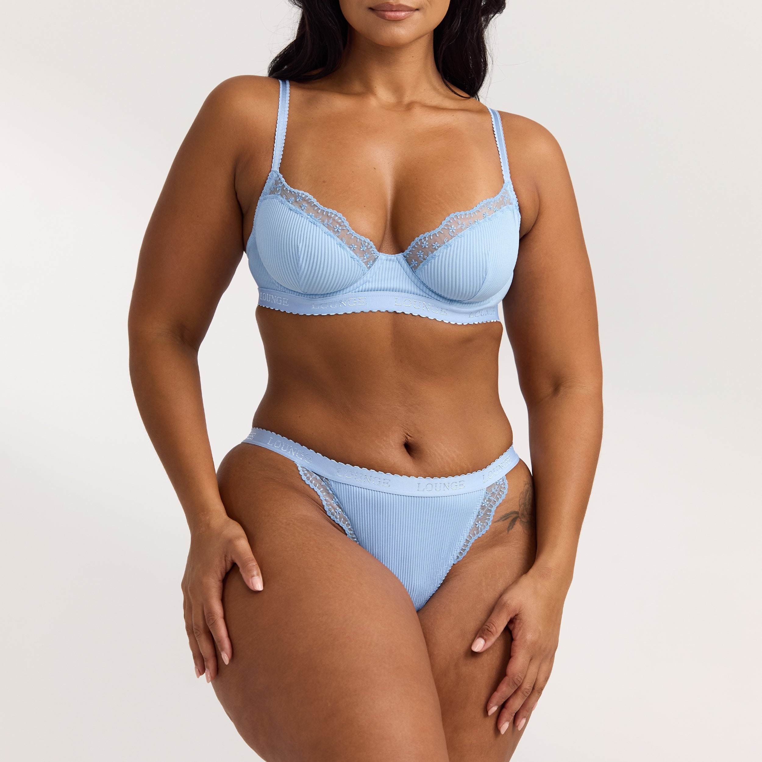 Ribbed Balcony Bra  - Blue