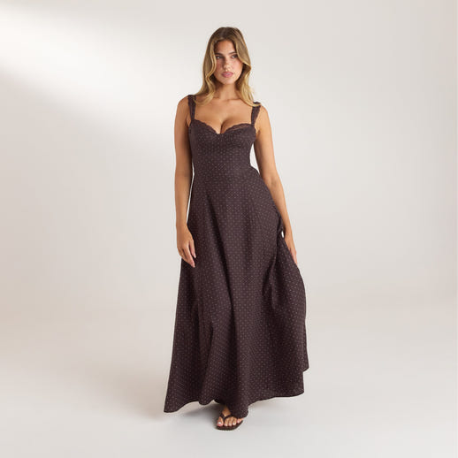 Lace Trim Maxi Dress - Chocolate Polka Dot
