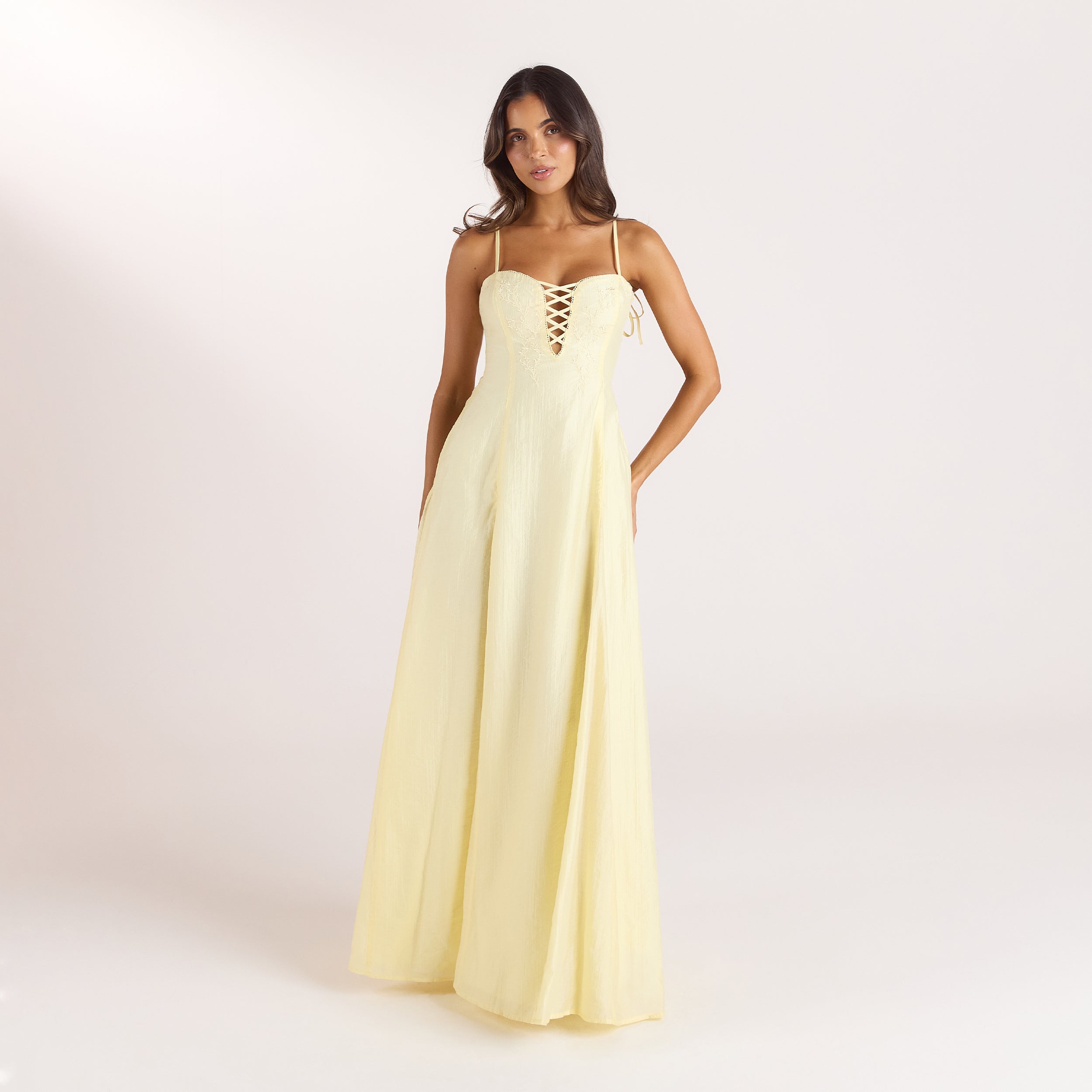 Embroidered Lace-Up Maxi Dress | Embroidered Lace-Up Maxi Dress - Lemon