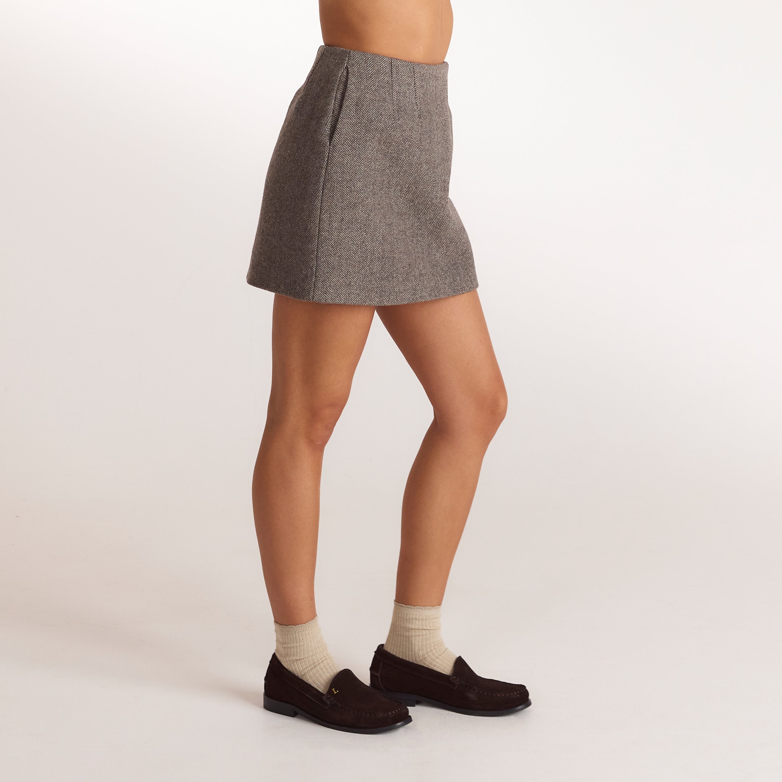 Herringbone A-Line Mini Skirt - Brown