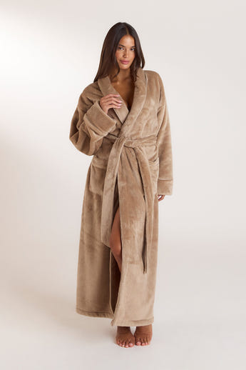 Long Fluffy Dressing Gown - Beige