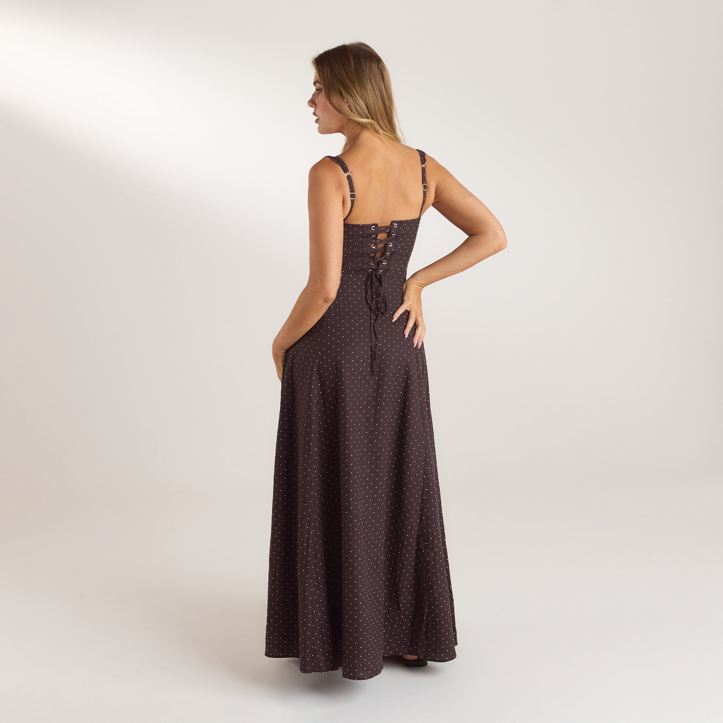 Lace Trim Maxi Dress | Lace Trim Maxi Dress - Chocolate Polka Dot