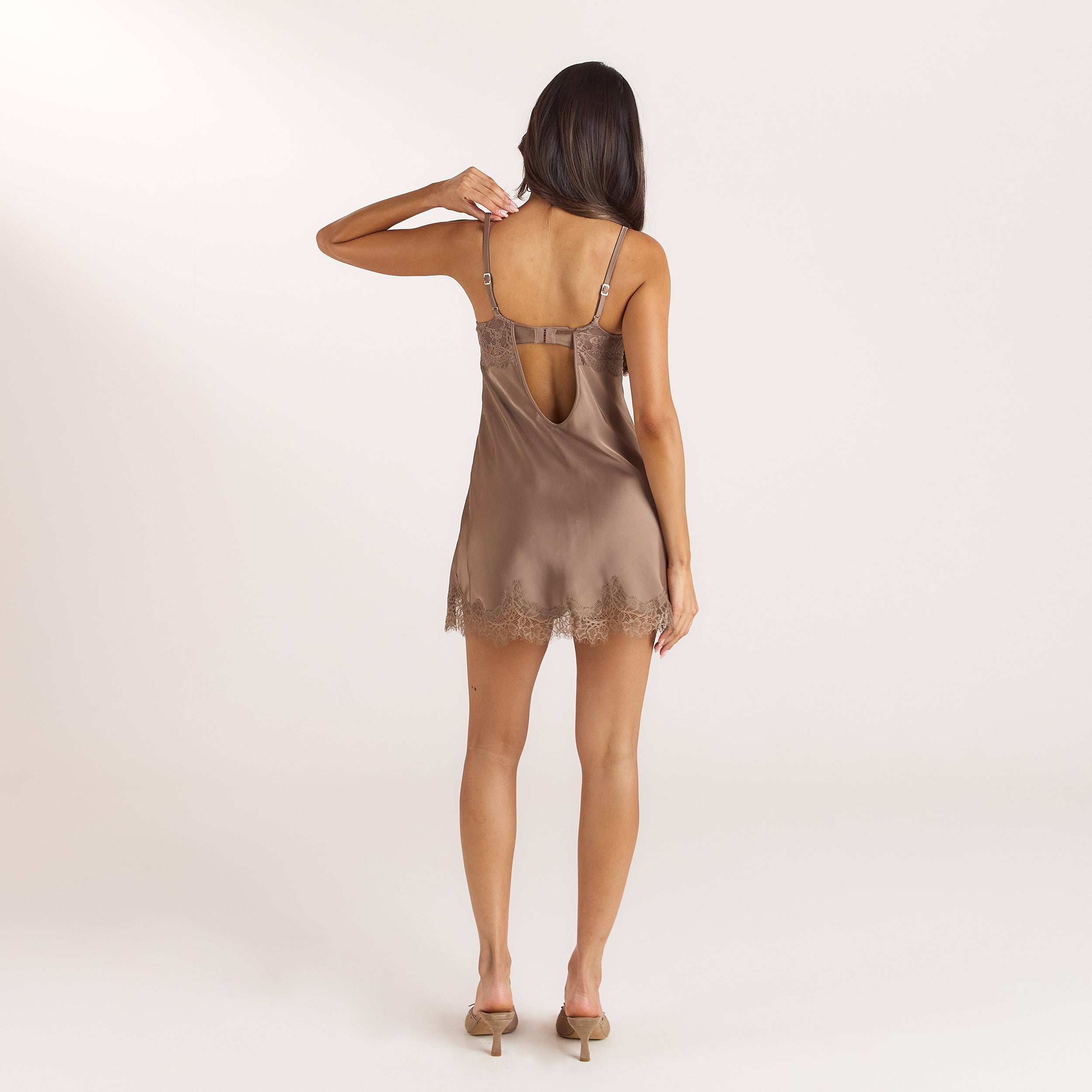 Satin Lace Mini Dress | Satin Lace Mini Dress - Mocha