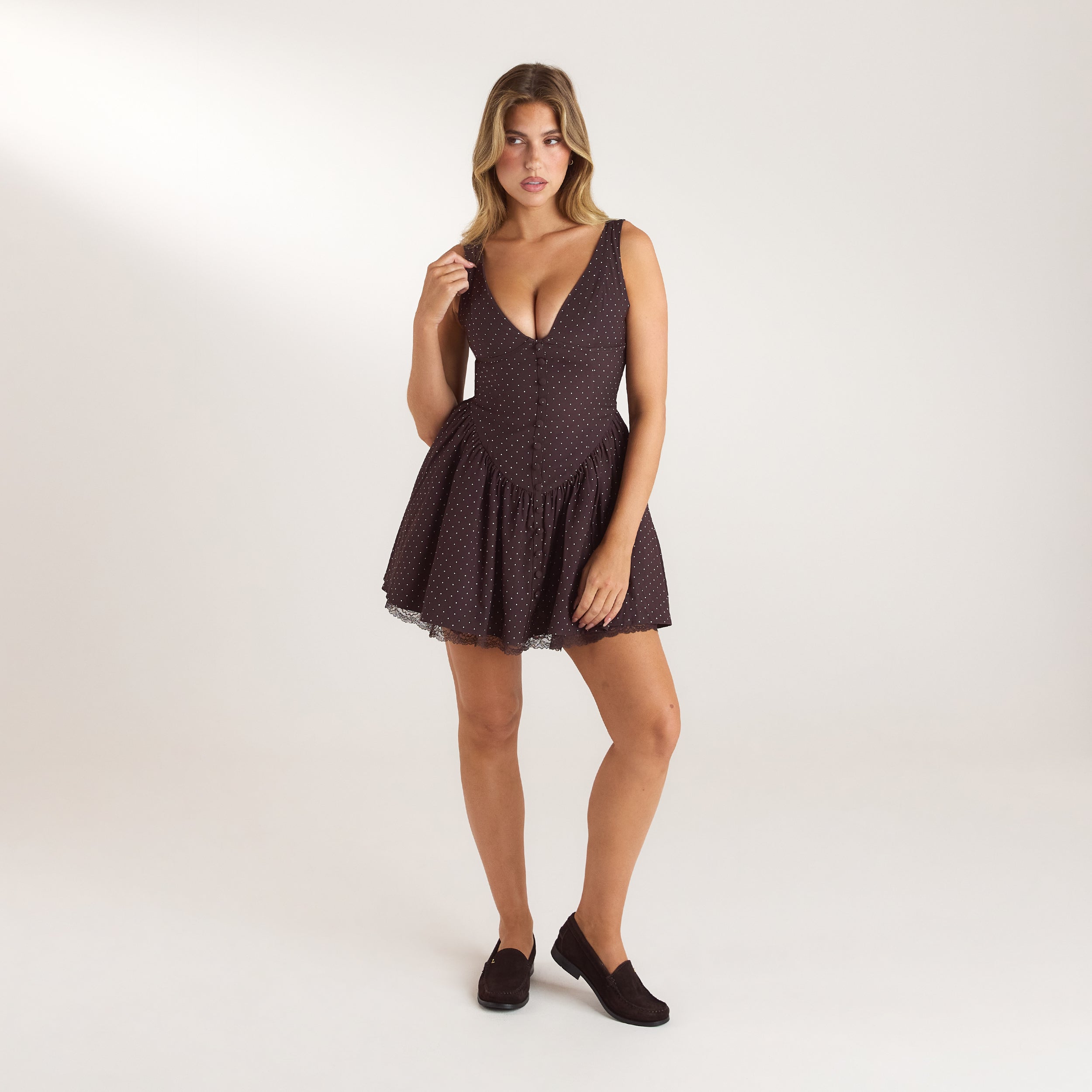 Lace Trim Plunge Mini Dress | Lace Trim Plunge Mini Dress - Chocolate Polka Dot