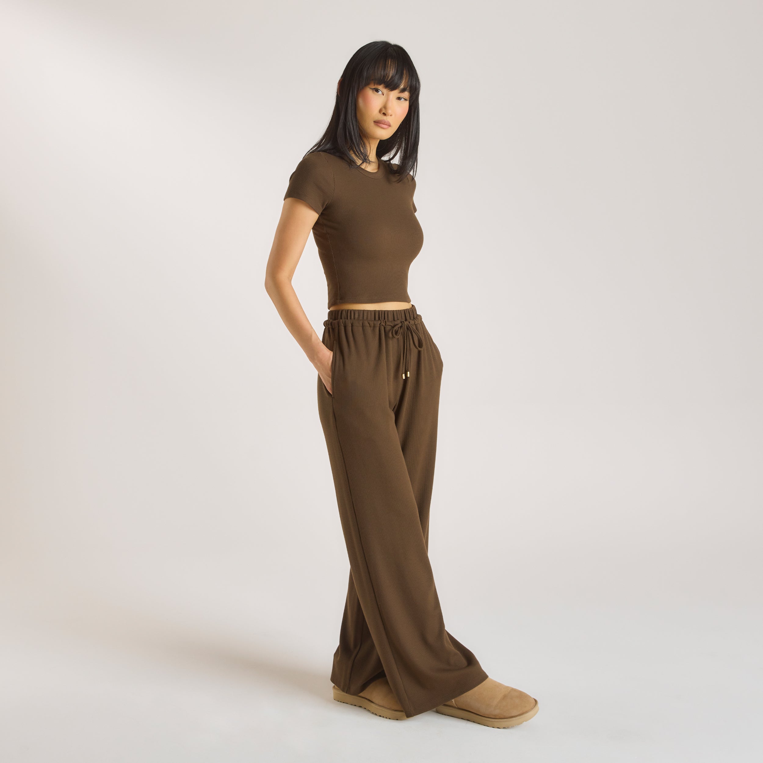 Waffle Wide Leg Trousers  | Waffle Wide Leg Trousers - Chocolate