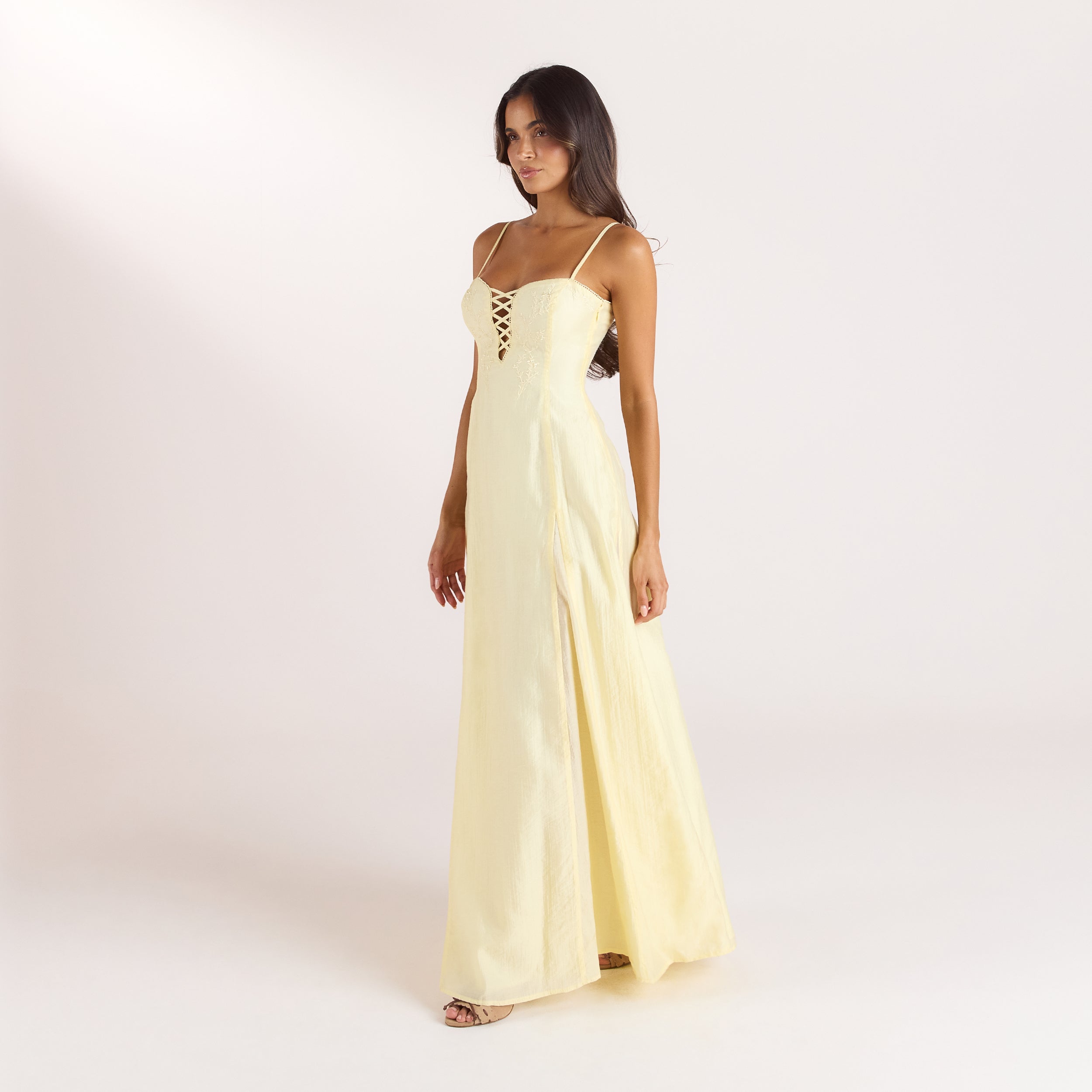 Embroidered Lace-Up Maxi Dress | Embroidered Lace-Up Maxi Dress - Lemon