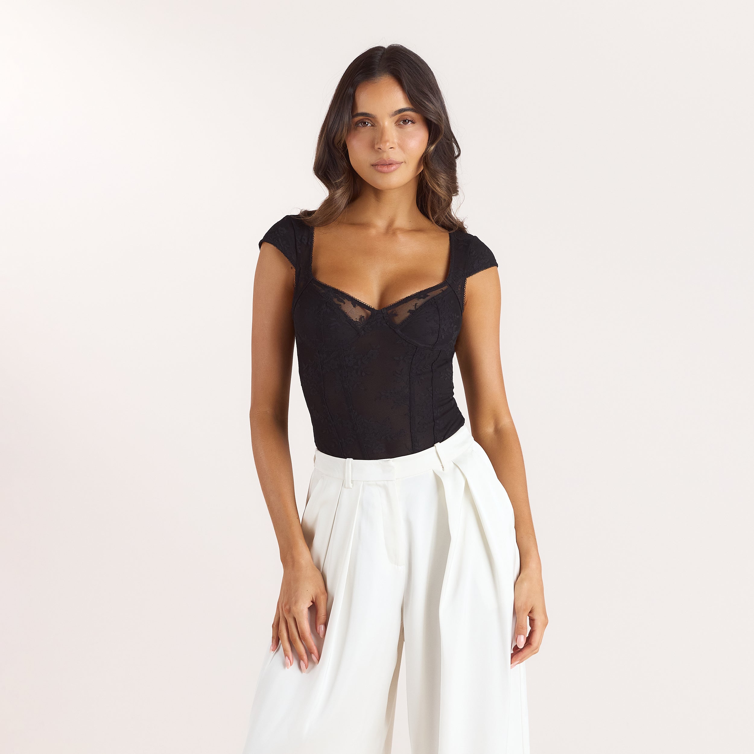 Cap-Sleeve Lace Bodysuit | Cap-Sleeve Lace Bodysuit - Black