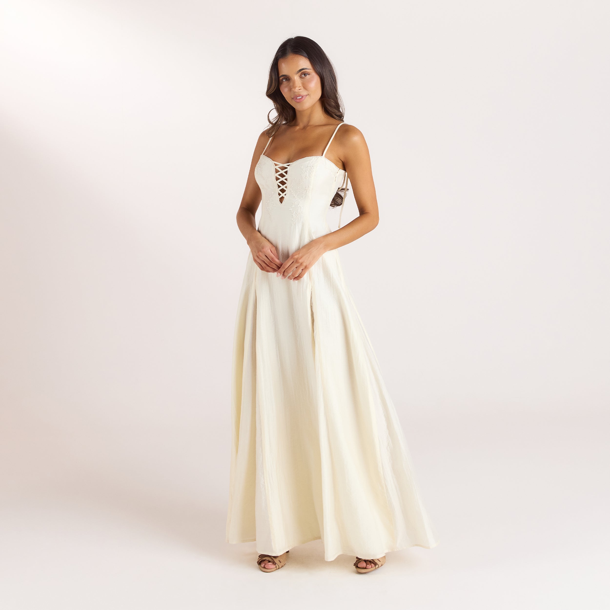 Embroidered Lace-Up Maxi Dress | Embroidered Lace-Up Maxi Dress - Buttercream