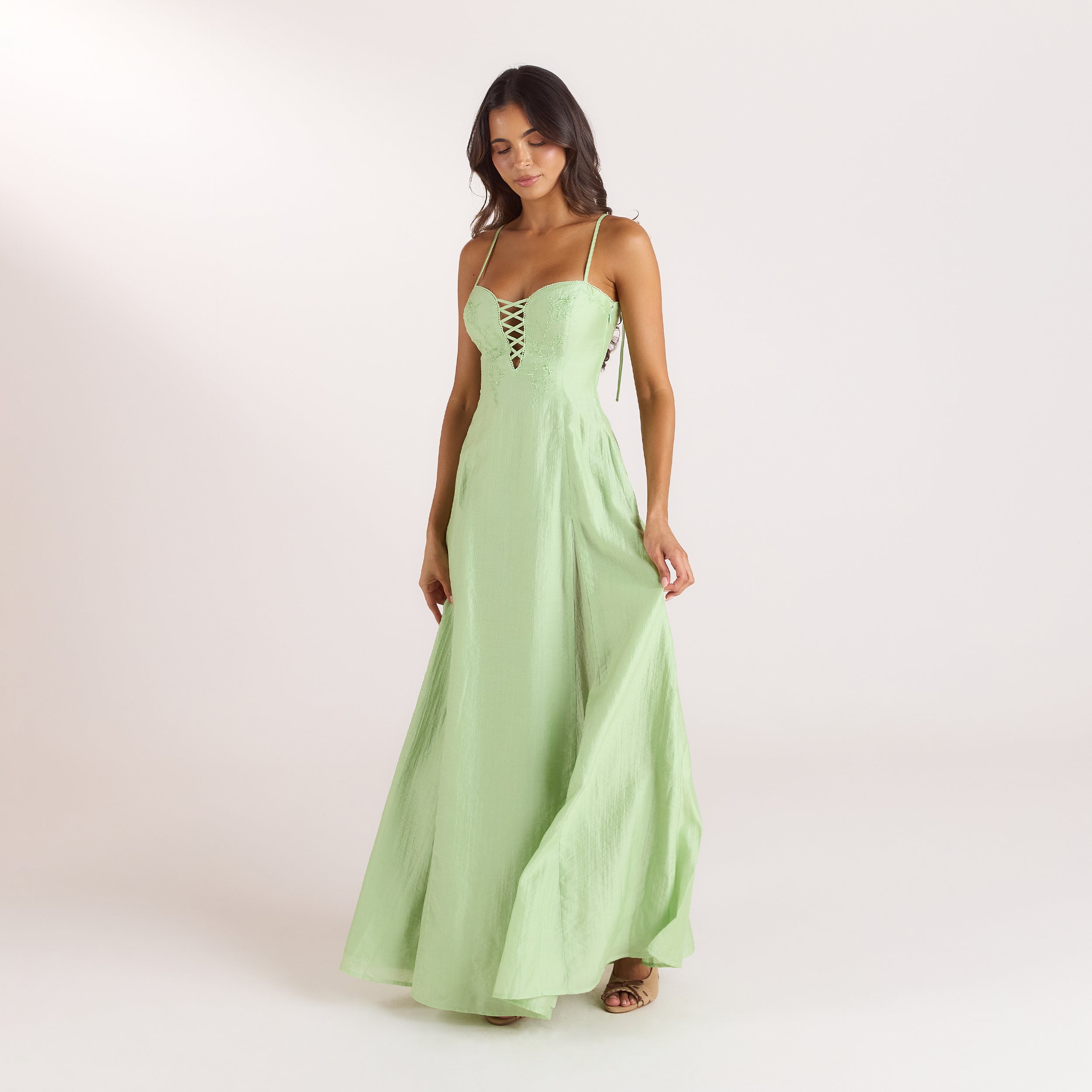 Embroidered Lace-Up Maxi Dress | Embroidered Lace-Up Maxi Dress - Green