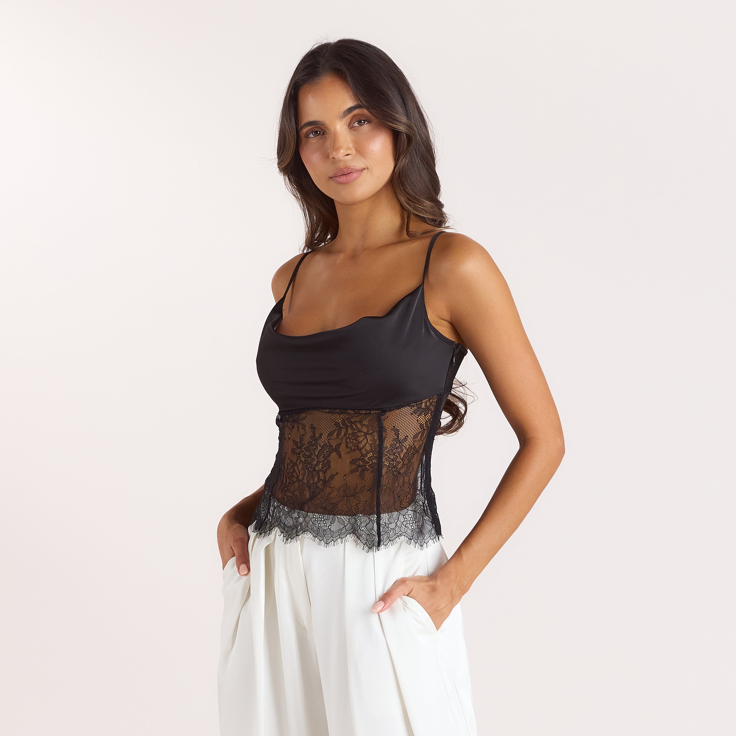 Satin Cowl-Neck Cami Top | Satin Cowl-Neck Cami Top - Black