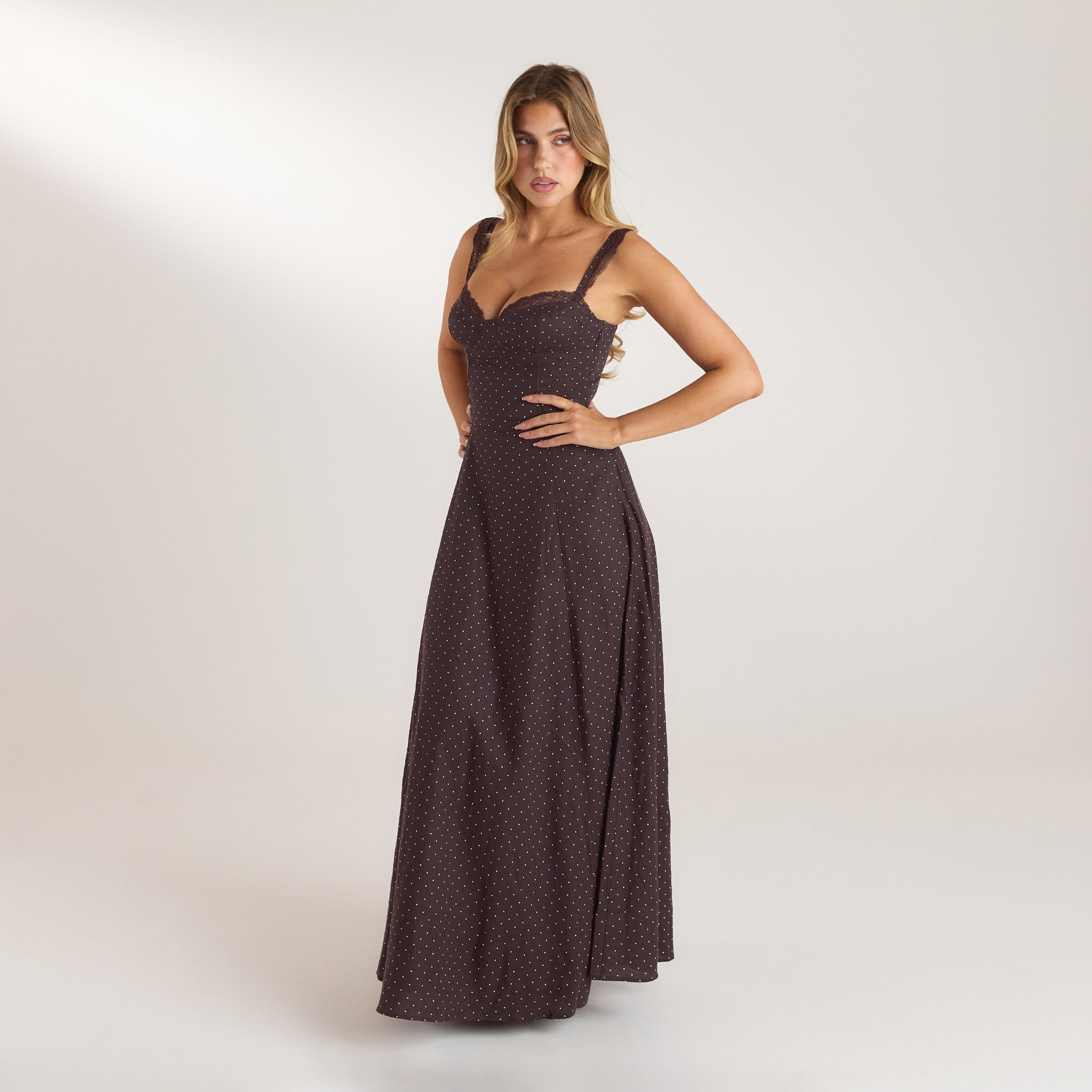 Lace Trim Maxi Dress | Lace Trim Maxi Dress - Chocolate Polka Dot