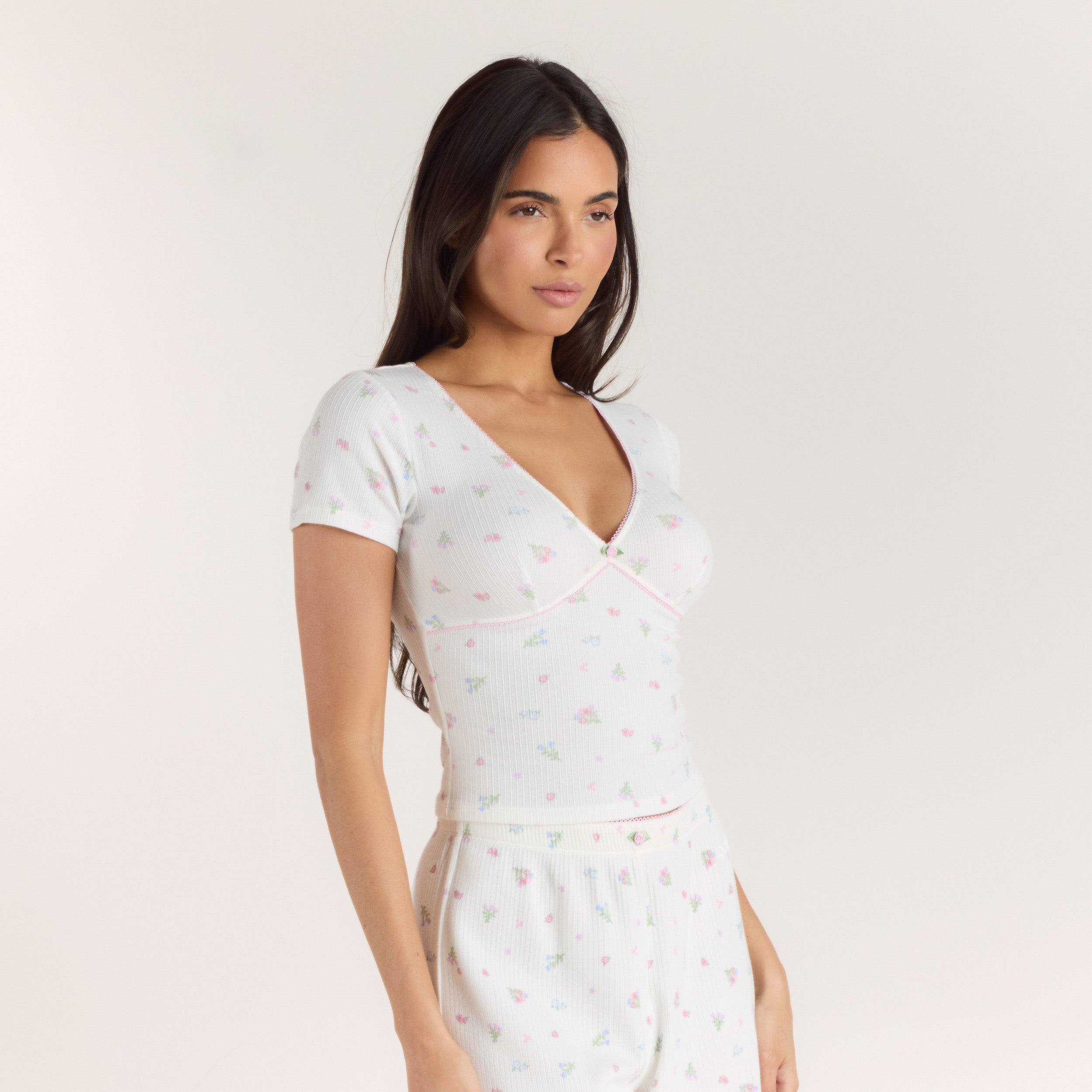 Ribbed Short-Sleeve Pyjama Top | Ribbed Short-Sleeve Pyjama Top - White Floral