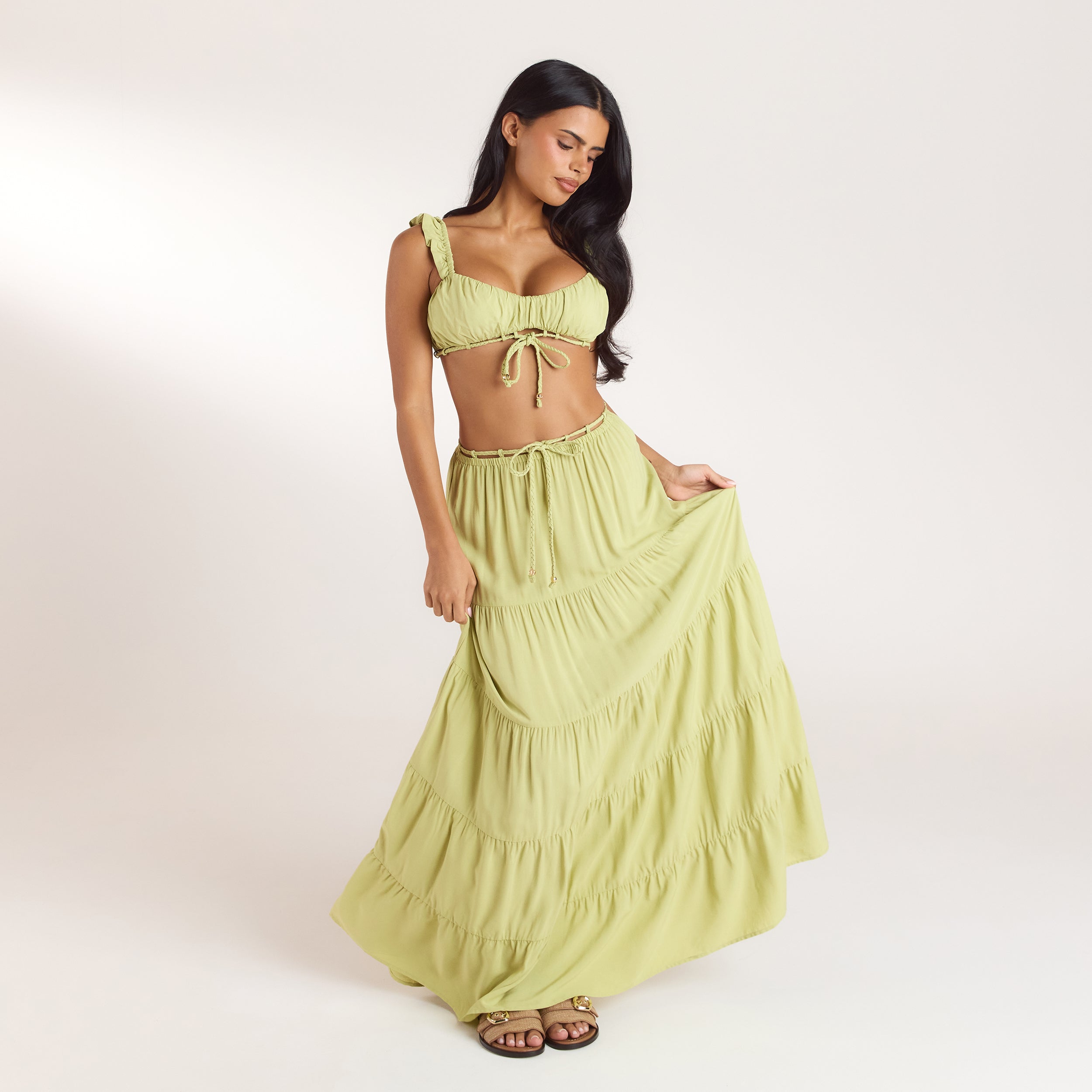 Ruched Bralette & Maxi Skirt Co-Ord | Ruched Bralette (Set) - Washed Lime