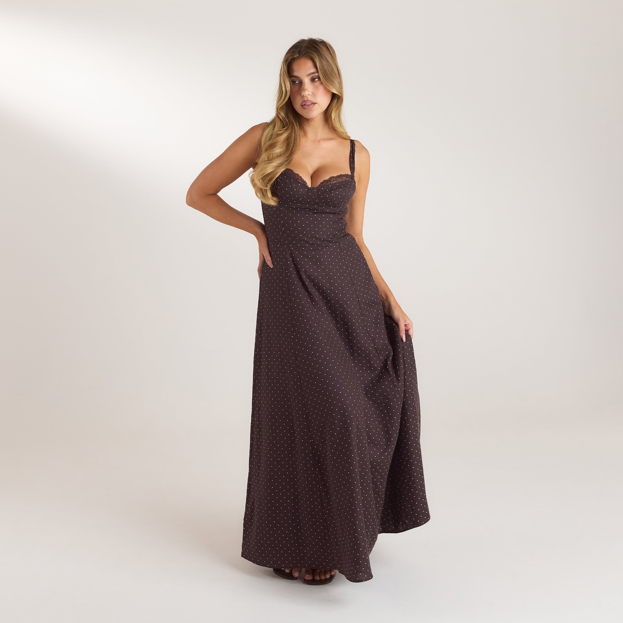 Lace Trim Maxi Dress | Lace Trim Maxi Dress - Chocolate Polka Dot