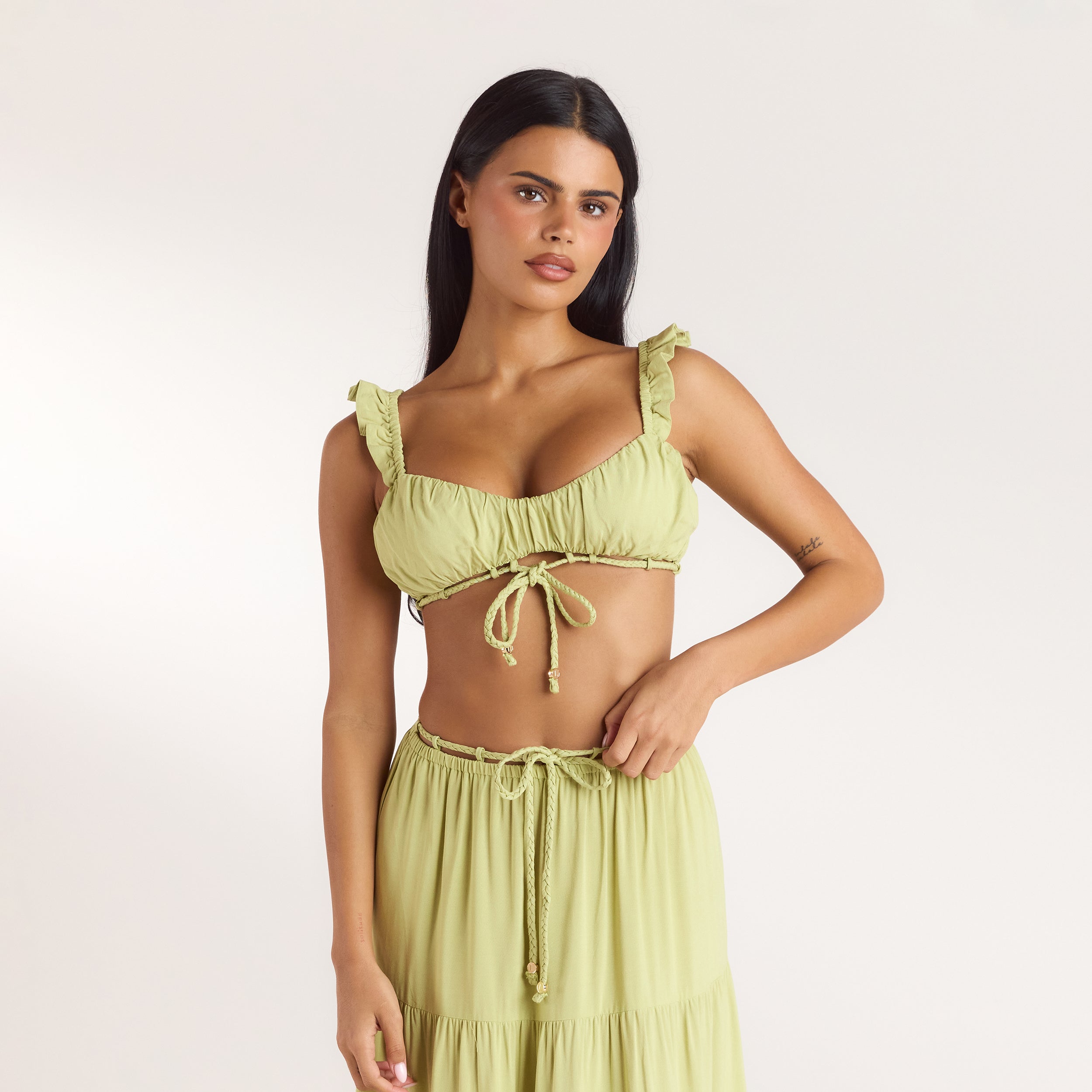 Ruched Bralette & Maxi Skirt Co-Ord | Ruched Bralette (Set) - Washed Lime